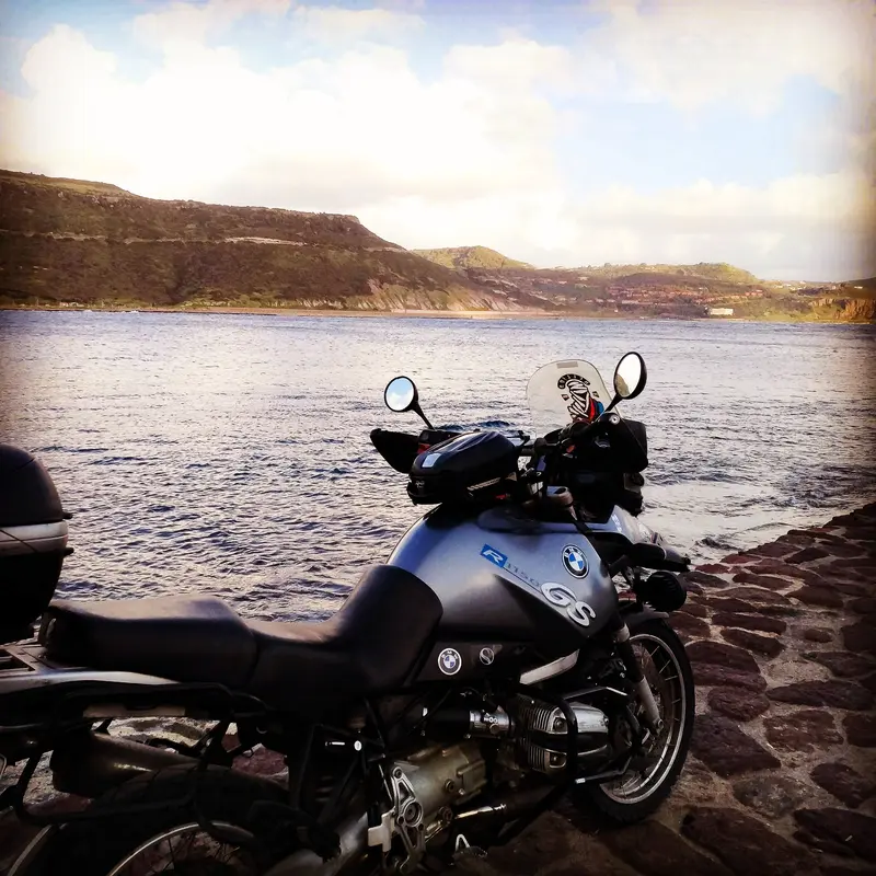 BMW GS at waterfront — Spain coast